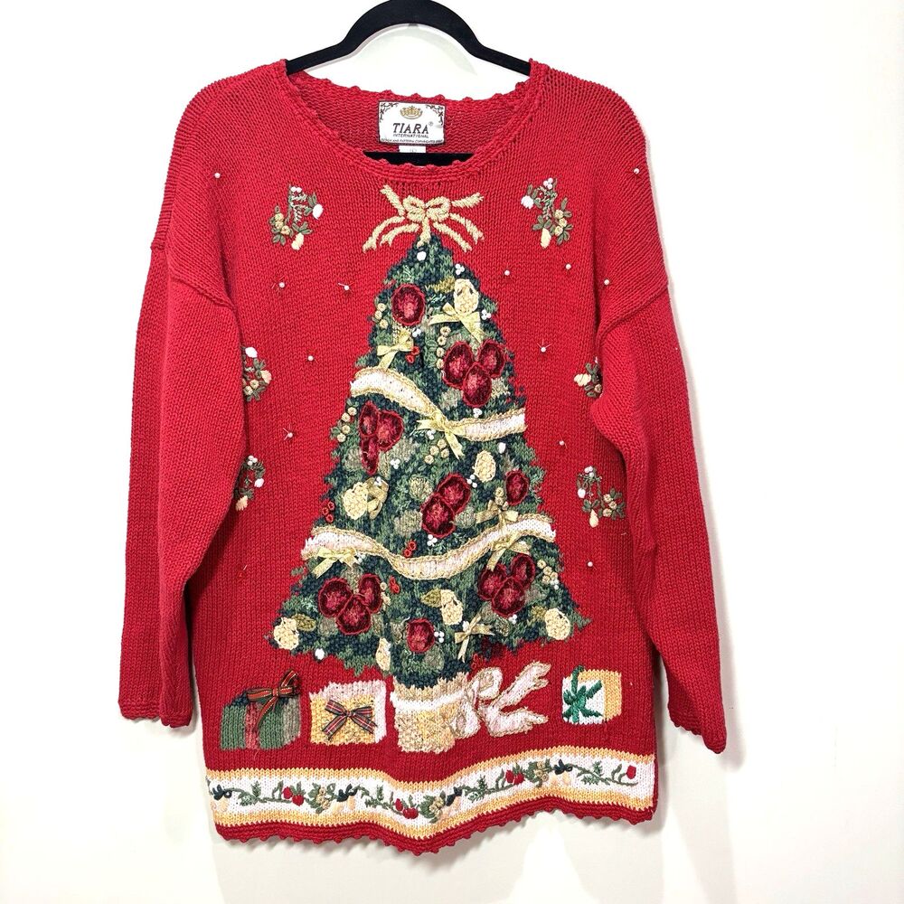 Vintage Christmas Tree Knit Sweater 3D Red Bow L Cottage Holiday Party Tacky Y2K